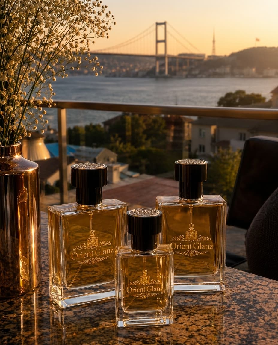 Drei goldene OrientGlanz-Flakons auf Marmor, im Hintergrund der Bosporus bei Sonnenuntergang