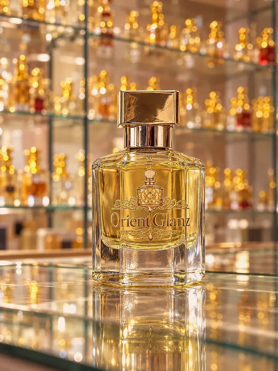 Ein goldener Orient-Glanz-Flakon vor den Glasregalen im Laden