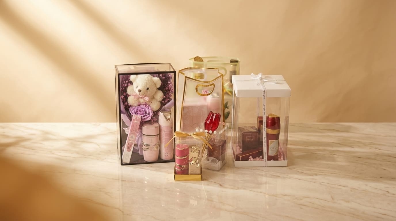 Handgebundene Geschenkboxen von OrientGlanz auf Marmor: Rosen, Teddy, Parfüm und Kristallrose