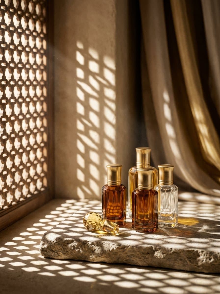 Attar-Flakons auf Stein im Licht eines Mashrabiya-Gitters