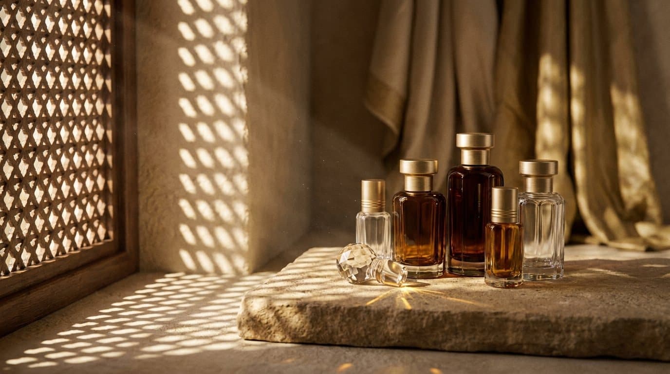 Attar-Flakons auf Stein im Licht eines Mashrabiya-Gitters
