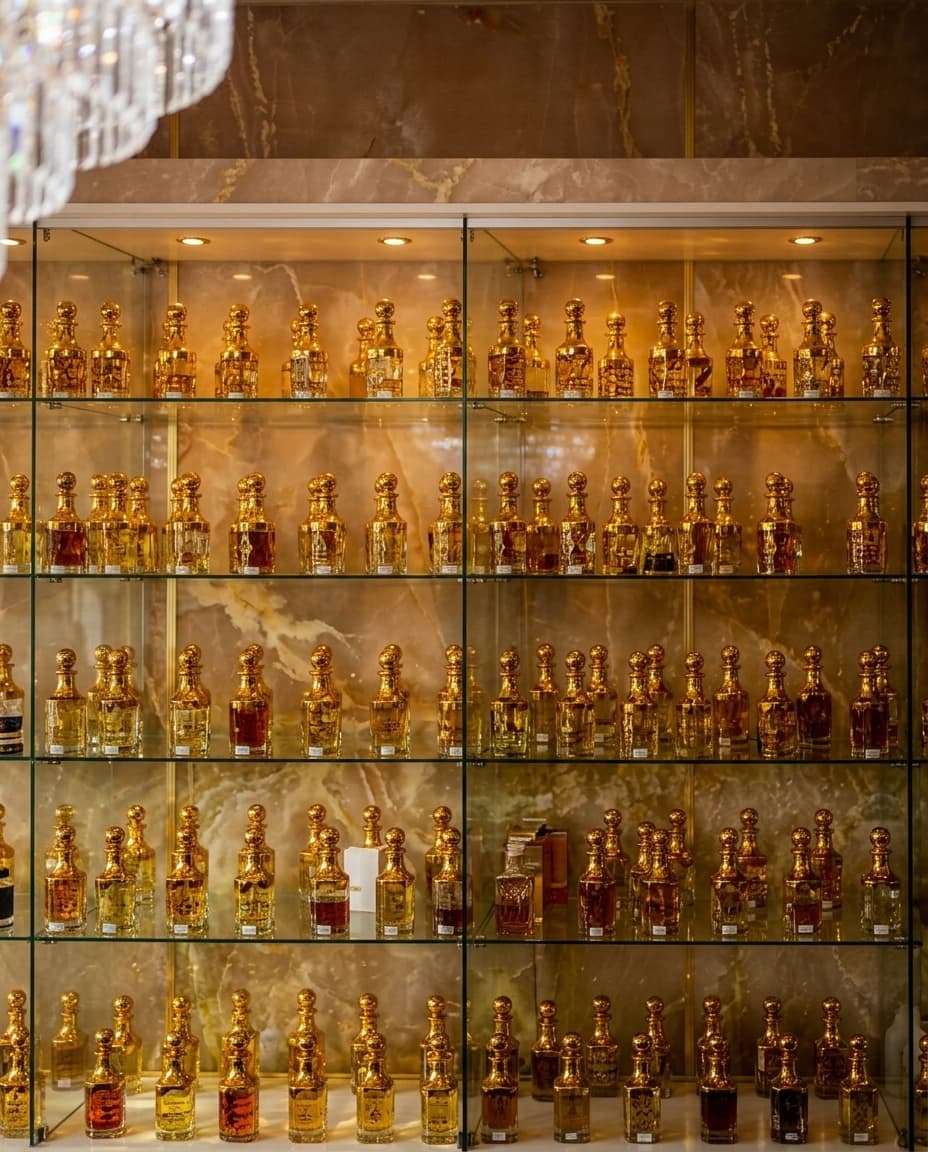 Die Regalwand im OrientGlanz-Laden: hunderte goldene Attar-Flakons hinter Glas vor warmer Onyx-Wand
