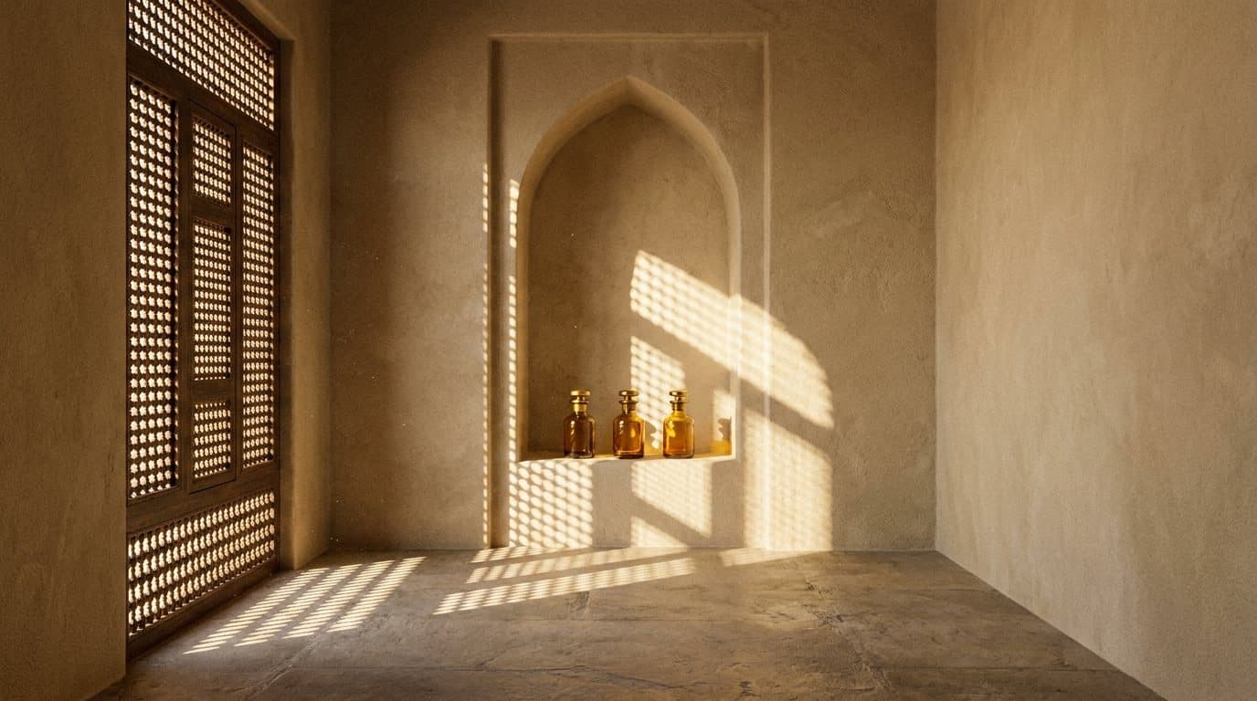 Ein Raum mit Kalkputzwänden, Spitzbogen-Nische und Licht durch ein Mashrabiya-Gitter