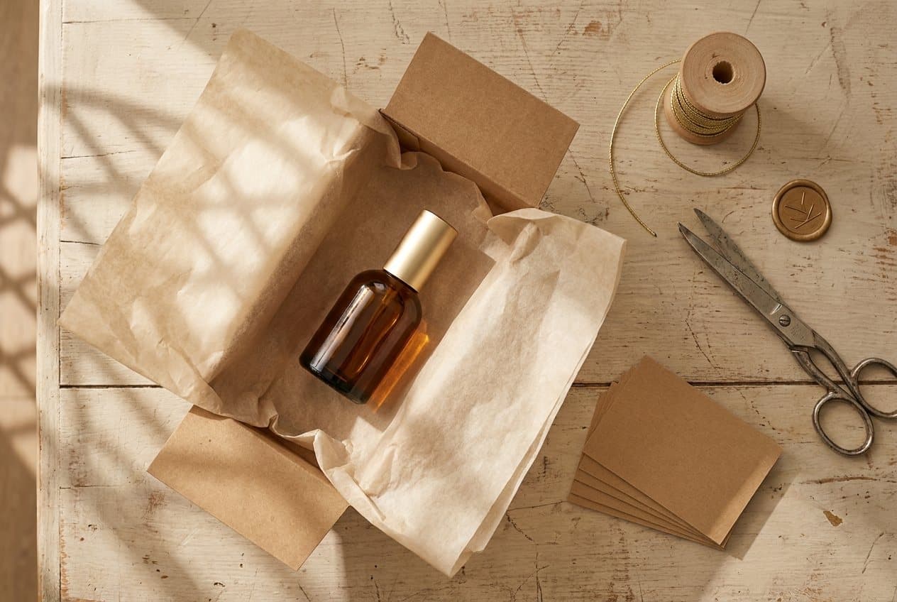 Ein Flakon, in Seidenpapier gepackt, auf dem Packtisch