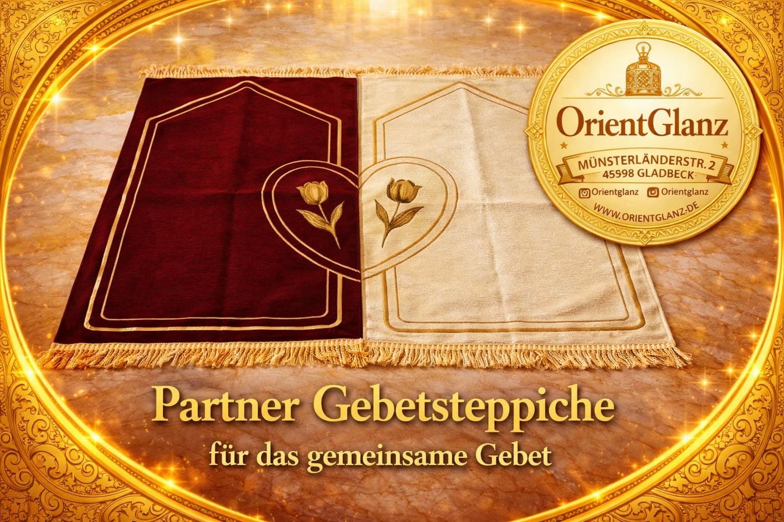 Partner Gebetsteppiche in Bordeaux und Beige nebeneinander, goldener Bogen, goldene Tulpe im Herzen, goldene Fransen