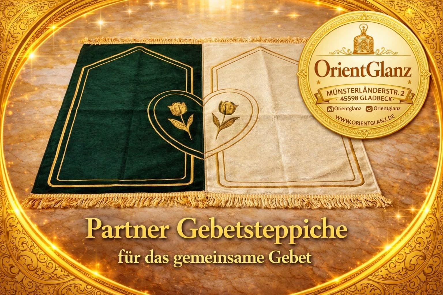Partner Gebetsteppiche in Grün und Beige nebeneinander, goldener Bogen, goldene Tulpe im Herzen, goldene Fransen