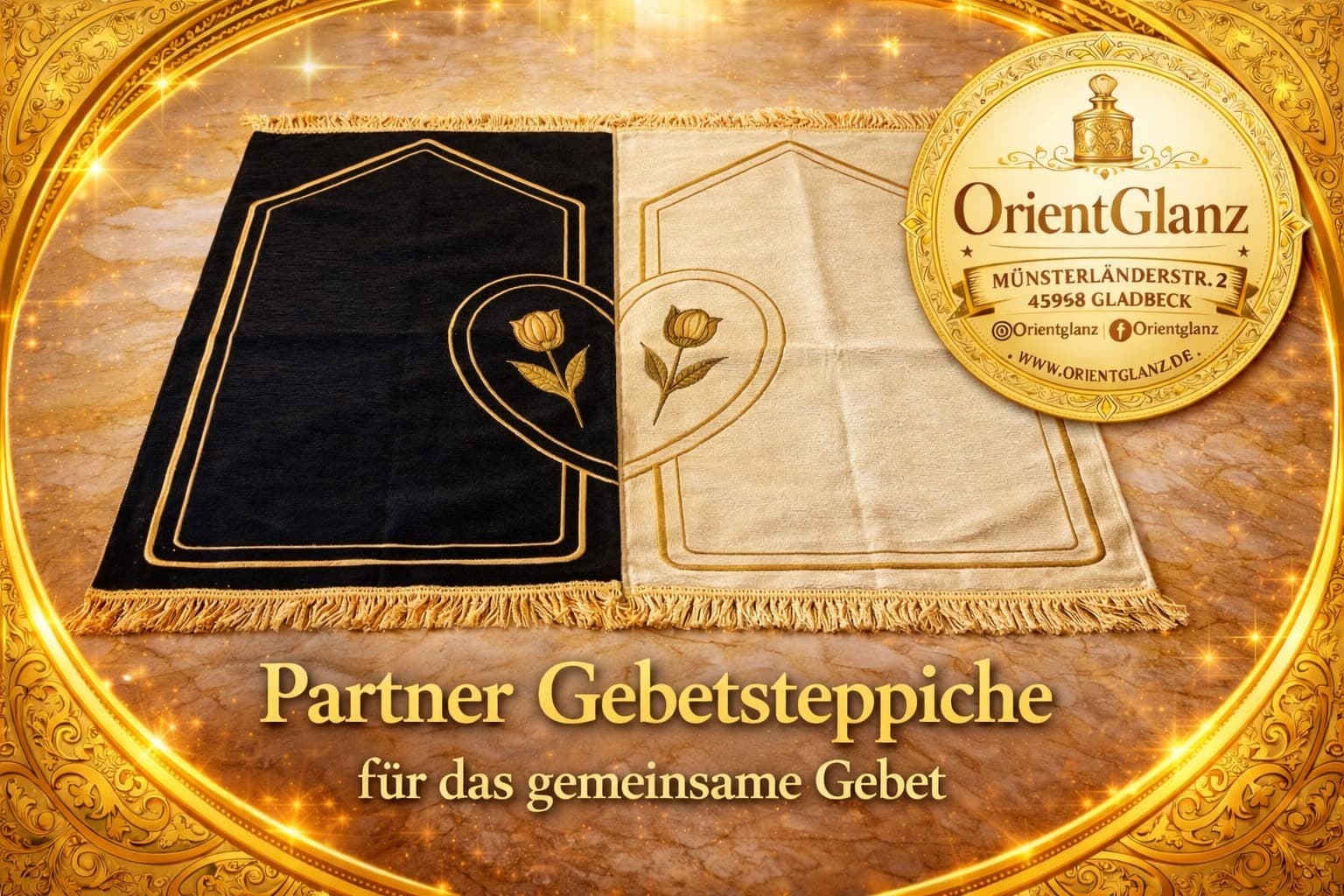 Partner Gebetsteppiche in Schwarz und Beige nebeneinander, goldener Bogen, goldene Tulpe im Herzen, goldene Fransen
